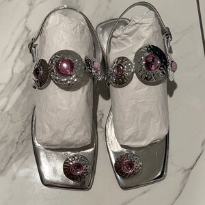 Katy Perry silver Slingback Sandals with Pink Gem Details
